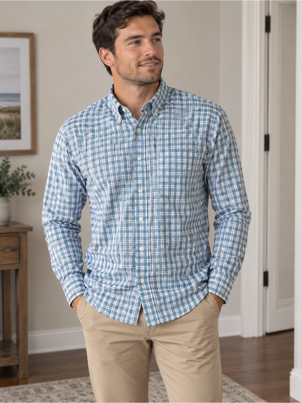 Saddlebred Men’s Blue Green Plaid Long-Sleeve Button-Up Shirt Large NWT